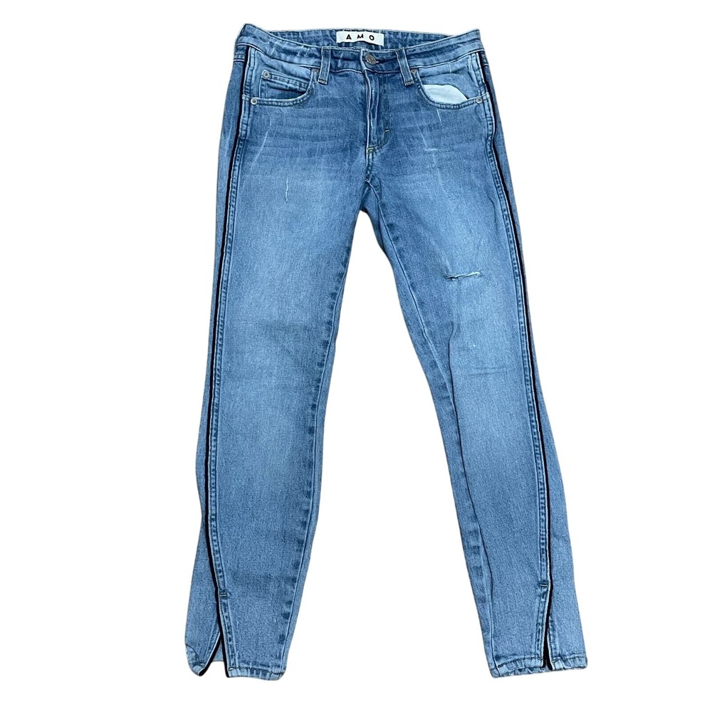 AMO Women's 26 Blue Denim Twist with Piping Jeans in Sweet Cheeks Medium Wash